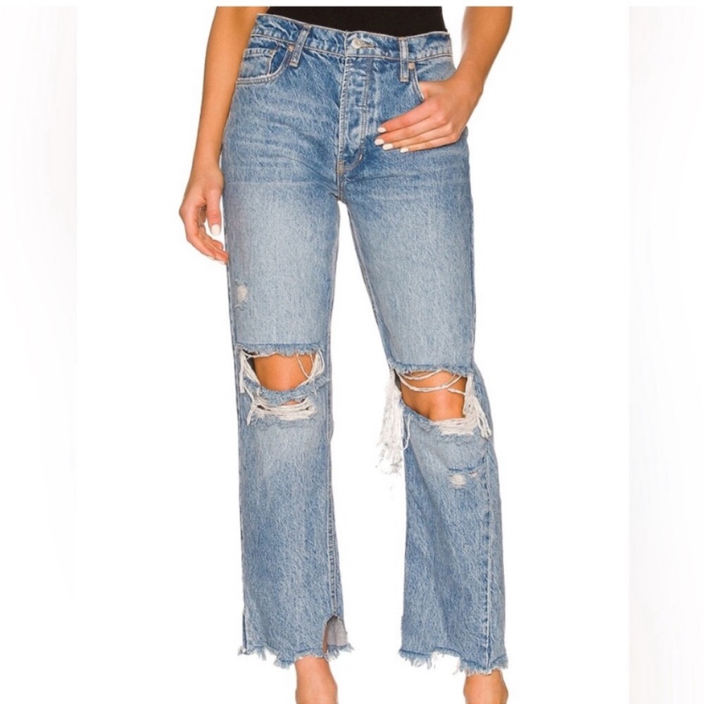 We The Free Blue Straight Leg Jeans with Distressed Details